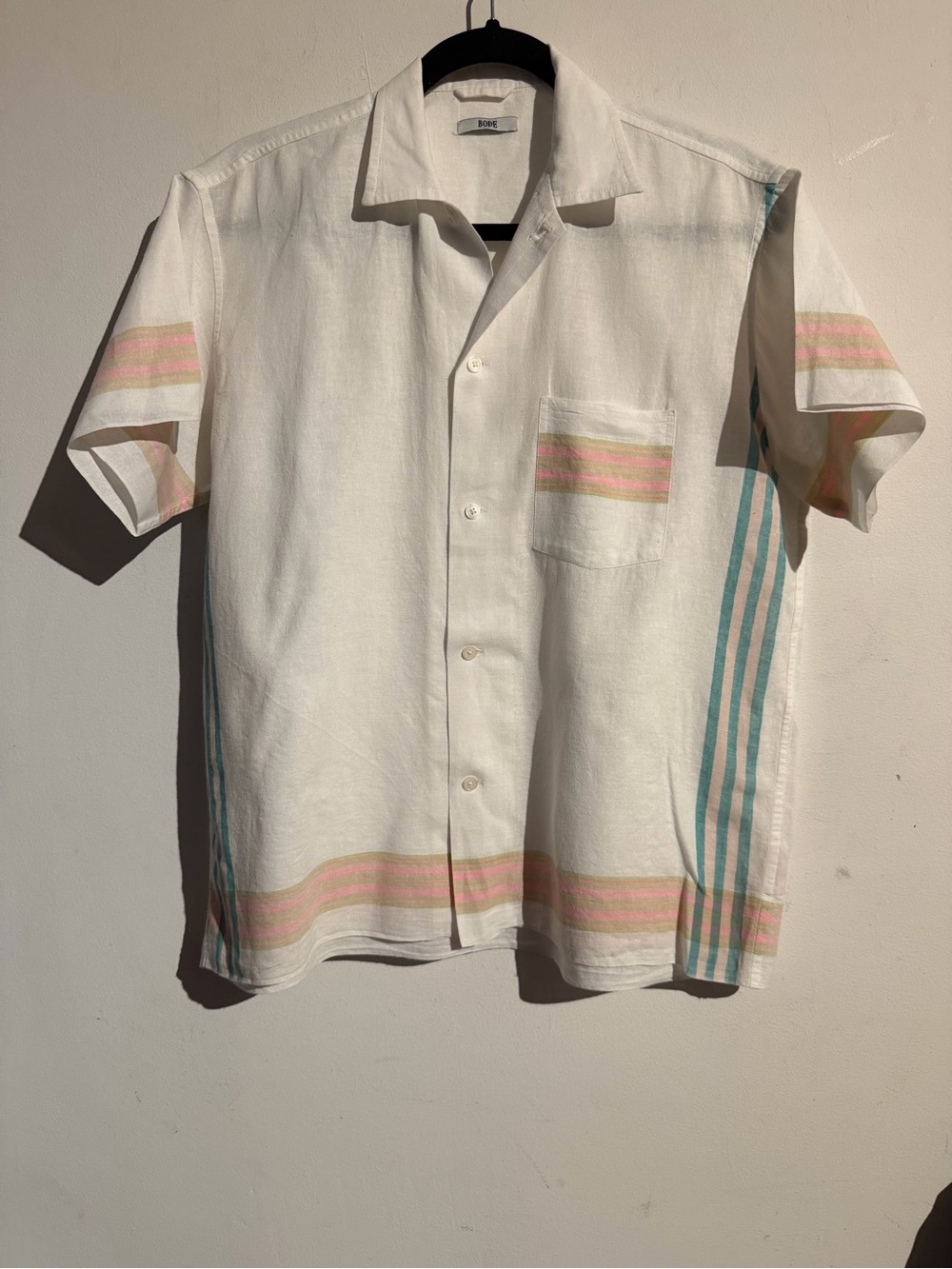 ❌SOLD❌ Casual White Short-Sleeve Button-Down Shirt with Pastel Stripe Accents